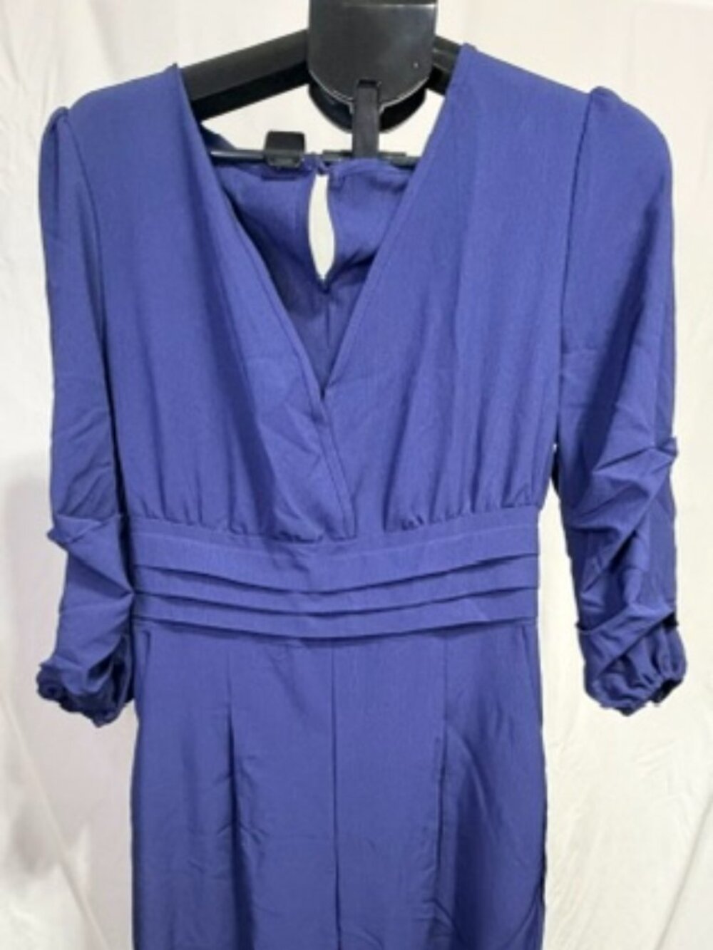 Navy Blue Wide Leg Jumpsuit - V-Neck 3/4 Ruched Sleeve (Size Large)